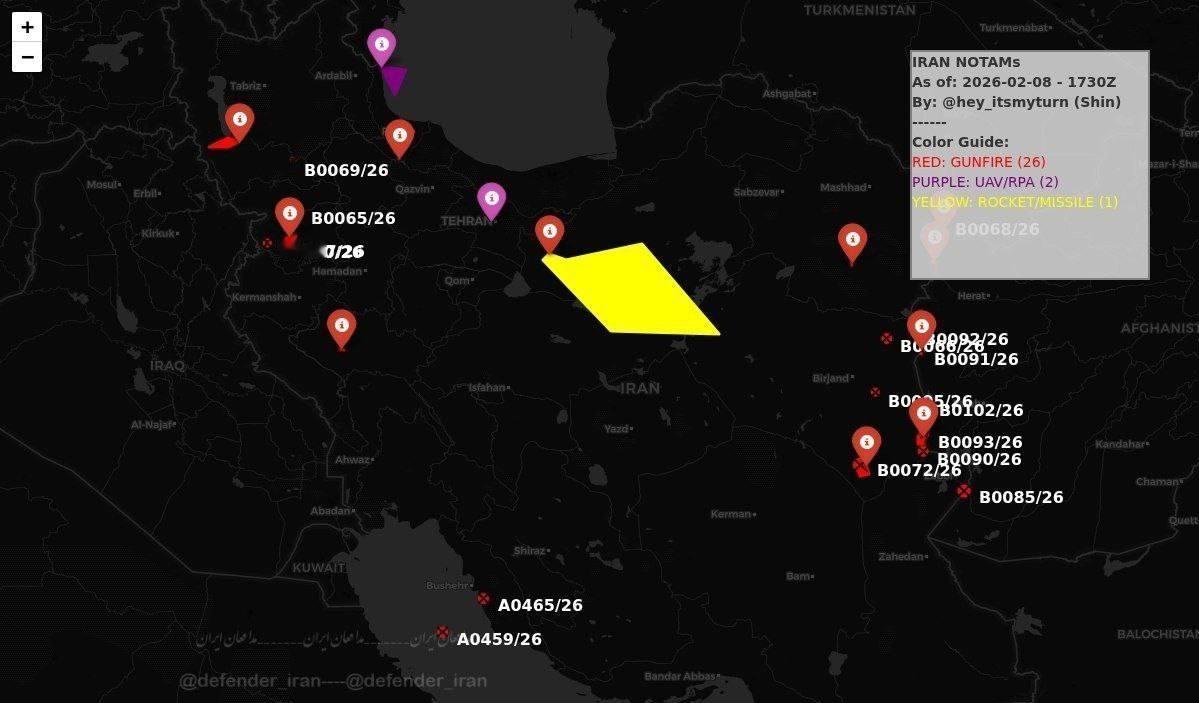 突发新闻——伊朗已通过航行通告（NOTAM）关闭了伊朗中部大片空域，特别是塞姆南