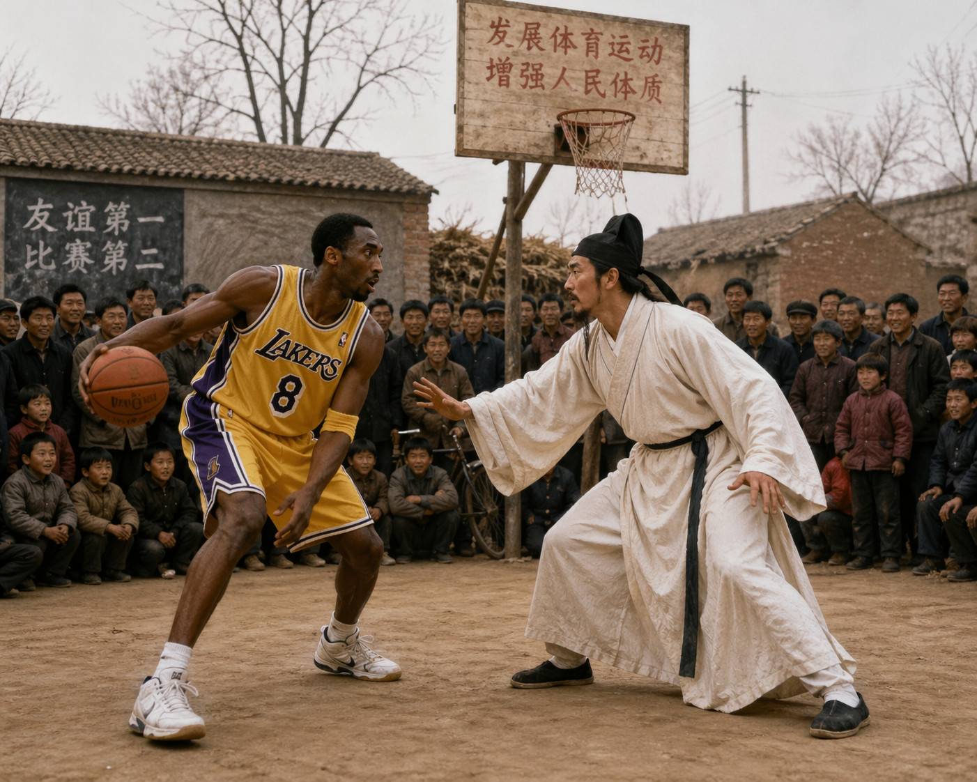 ChatGPT生成的图，李白和科比在山东农村打篮球。