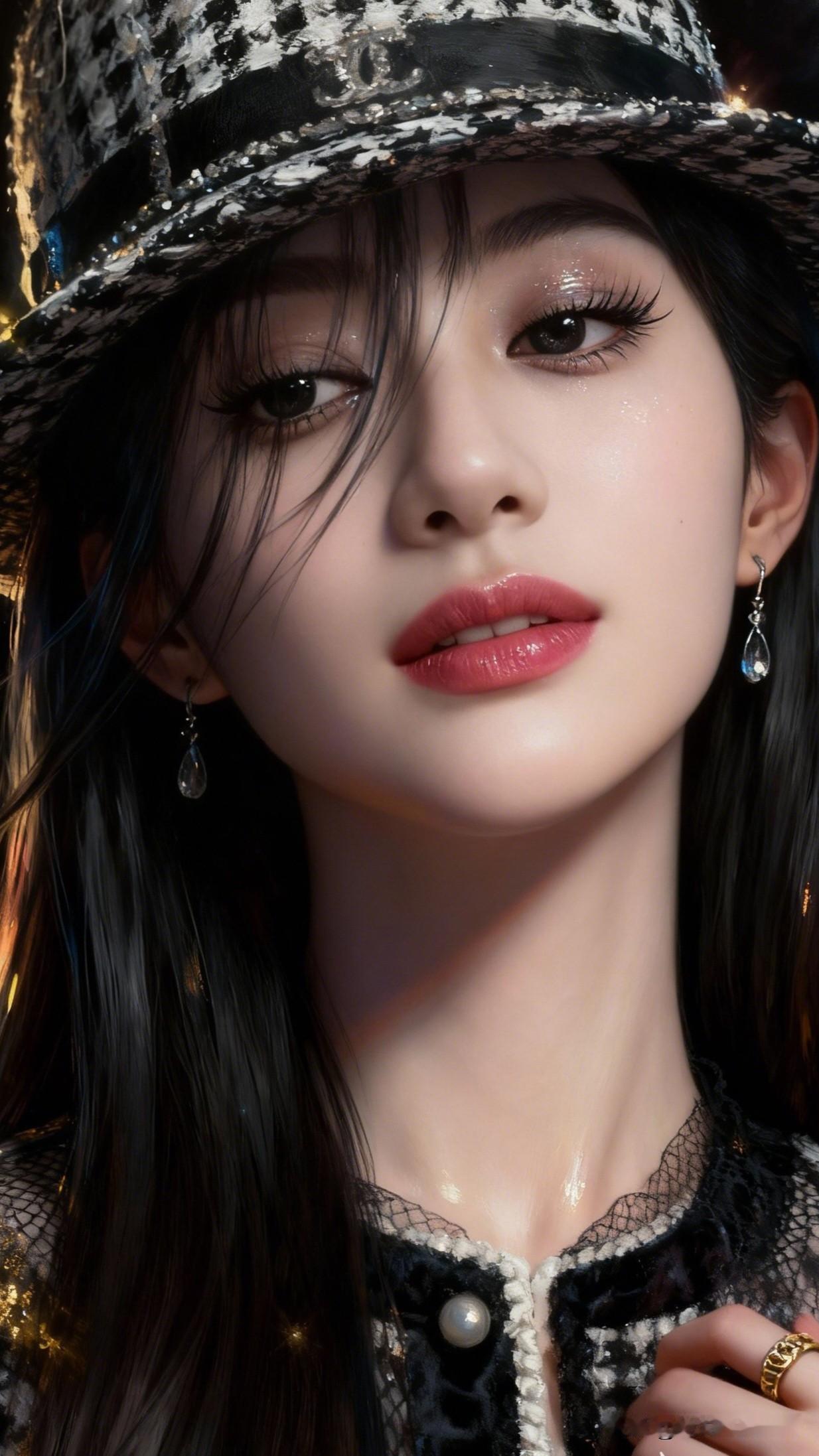 玉颜如花映月华。每日搭配分享·时尚穿搭复古风穿搭黑白格纹帽+珍珠耳环，优雅又