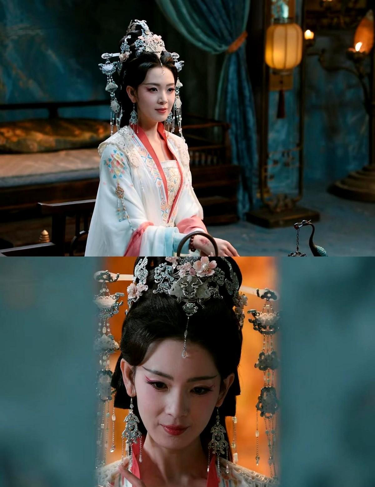 陈瑶那身白袍一上身，脸直接灰了。头冠高得像在头顶架了座塔，演员低头都费劲。常