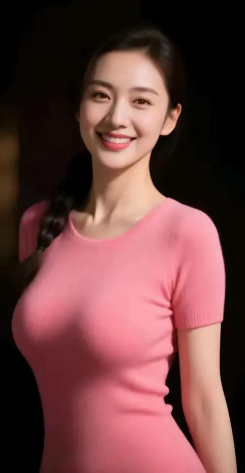 微笑的姑娘穿着粉色紧身衣，显得格外迷人。