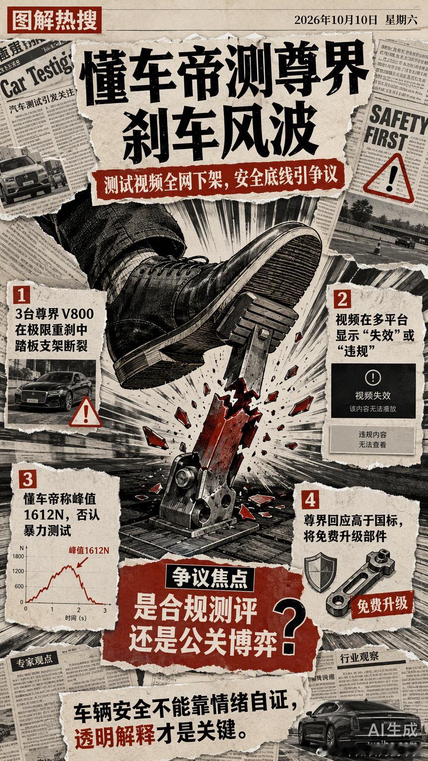 懂车帝测尊界V800刹车踏板断裂的视频全网下架，这场风波比剧情片还跌宕。专业机构在封闭场地做100k