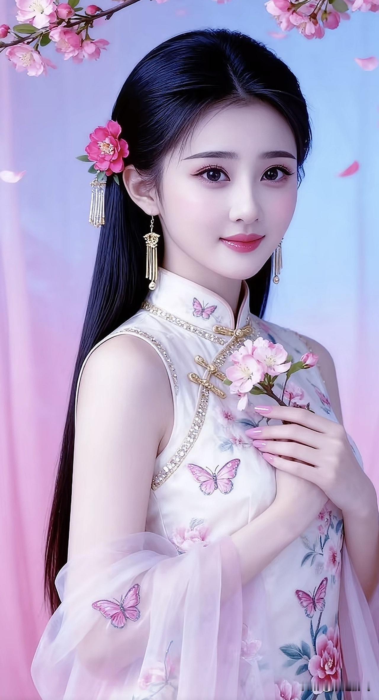 花开花落，美人如画。花景美照寻花开花谢景花卉美人照花卉美人照古典美人韵