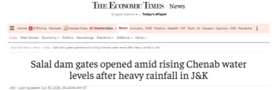 据印媒报道，6月30日，受持续强降雨影响，印控克什米尔地区雷阿西县杰纳布河水位迅