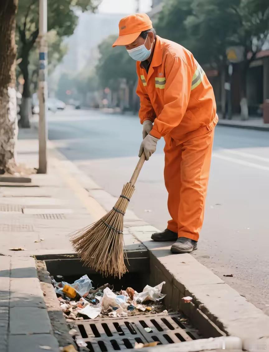 路上看到一个扫马路的环卫工人，扫一堆垃圾尘土，扫到下水道口，用笤帚反复扫几下，除