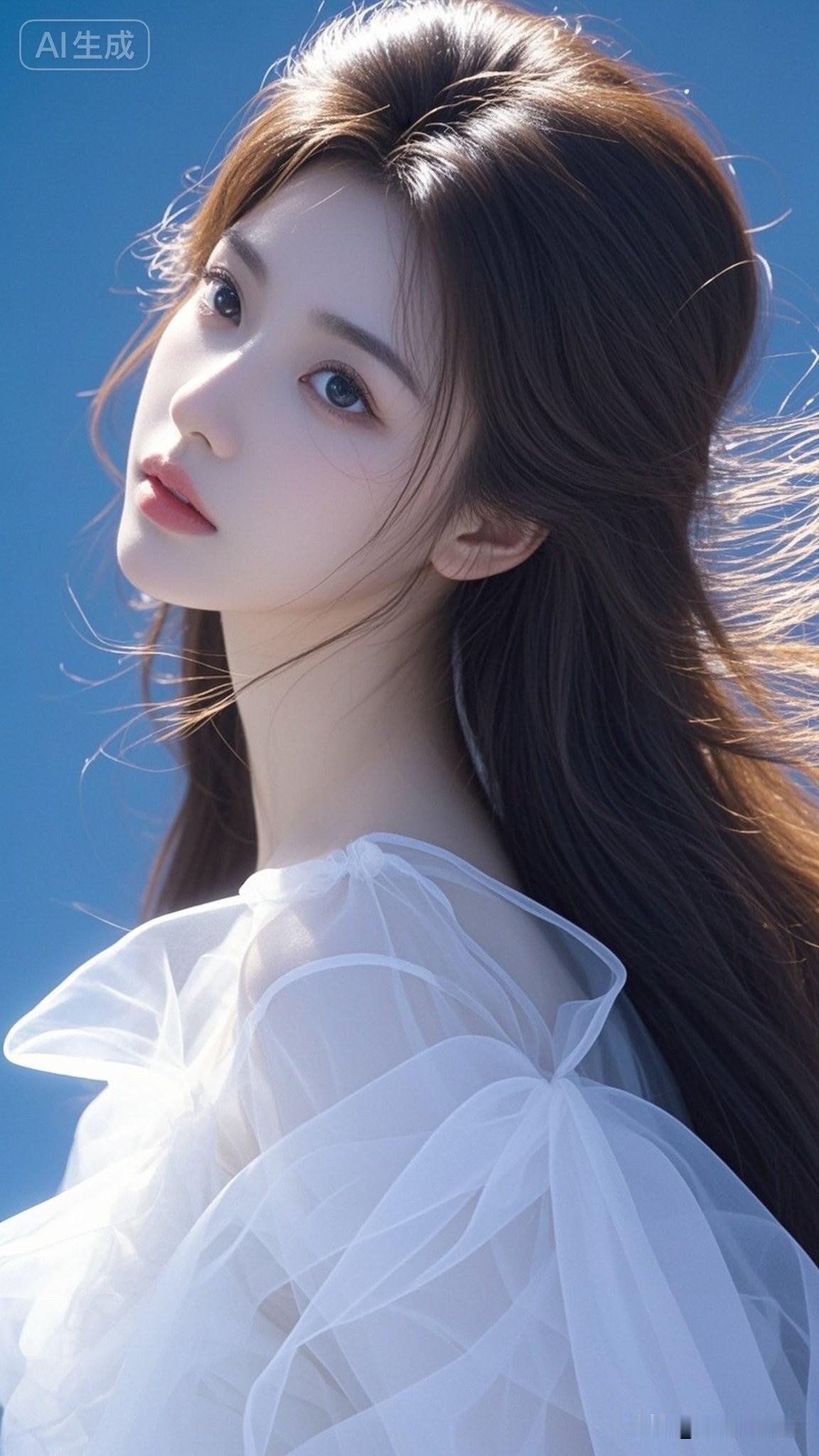 一个长发女孩在水里拍照，光线很美。