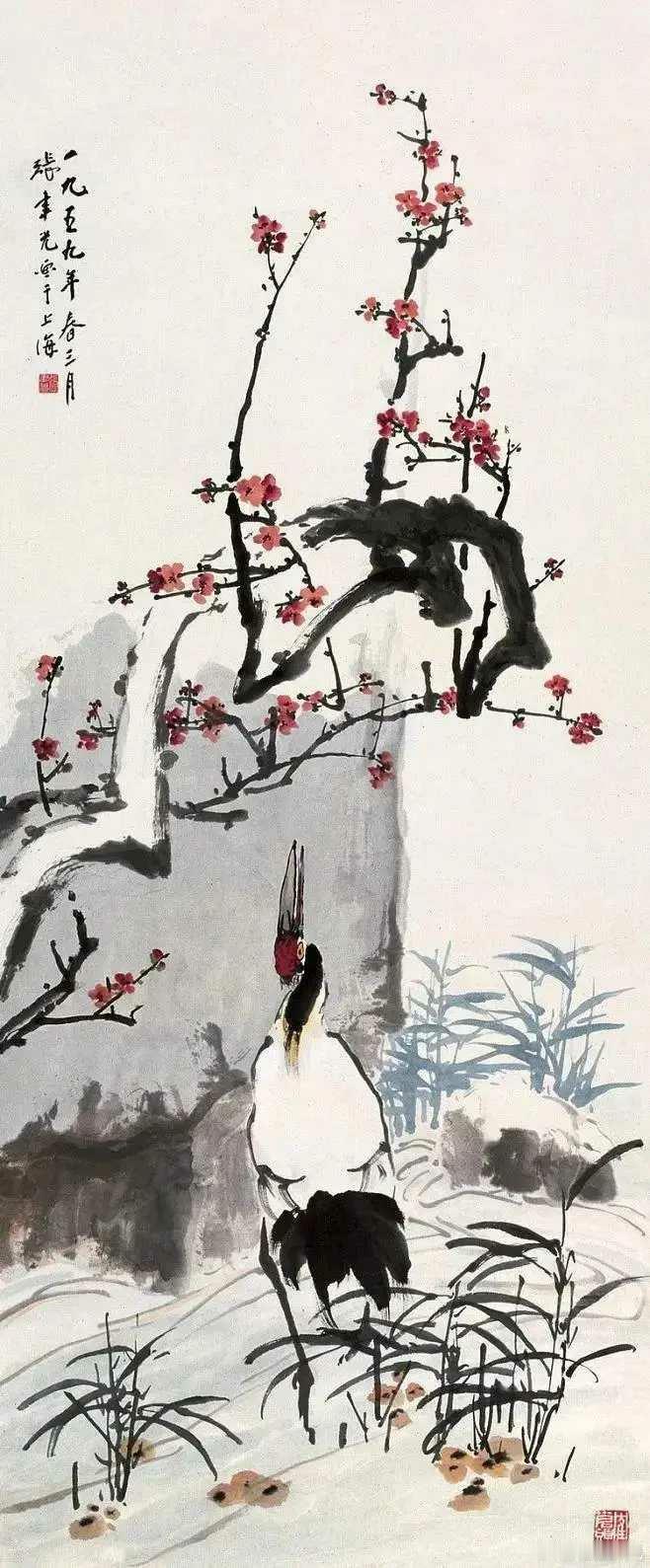 天寒有鹤守梅花。张聿光（1885～1968），字鹤苍头，别号冶欧斋主，中国现代画