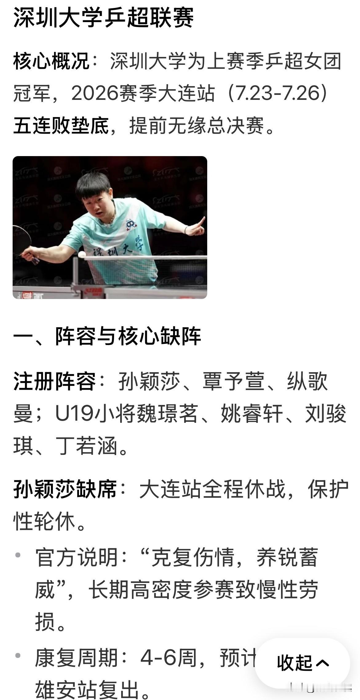 乒超联赛雄安站，孙颖莎复出对深圳大学还有意义吗？当蒯曼离开、而深圳大学又没有