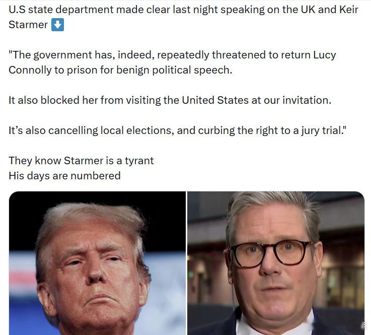 美国国务院就英国和基尔·斯塔默发表声明：“英国政府确实多次威胁要因为温和的政冶言