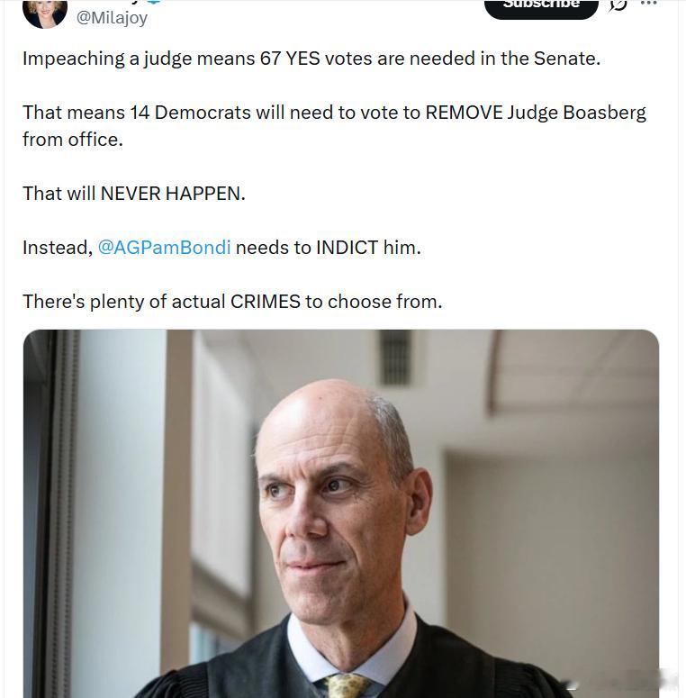 弹劾一名法官，参议院需要67票赞成。这意味着必须有14名民左党参议员投票，才能把