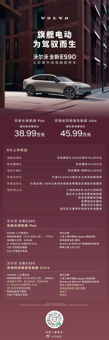 沃尔沃EX90和ES90价格终于来了！每个车型两个SKU，非常克制精简～卖这价