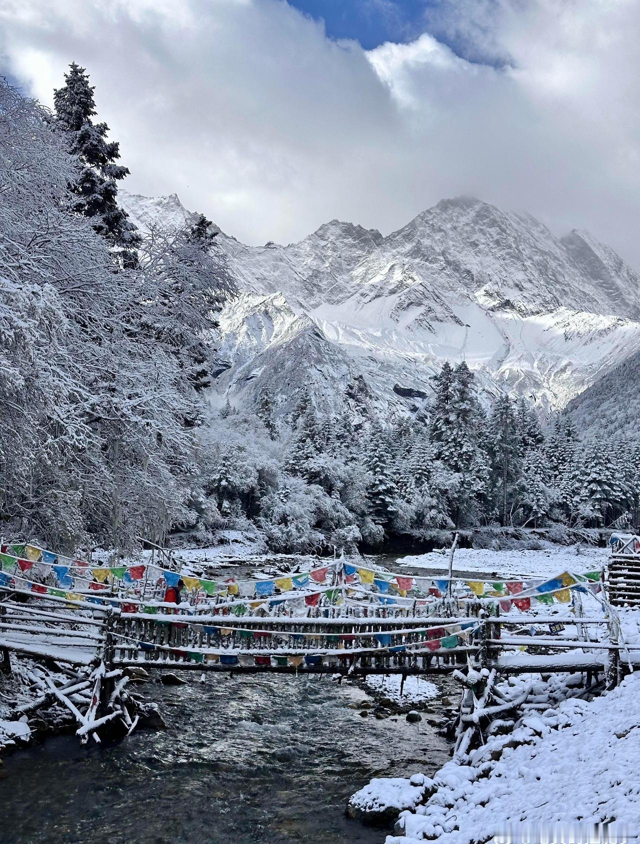 理小路的冰雪彩林奇境10月27日从毕棚沟出发，一路踏入银白世界，树木银装素裹，