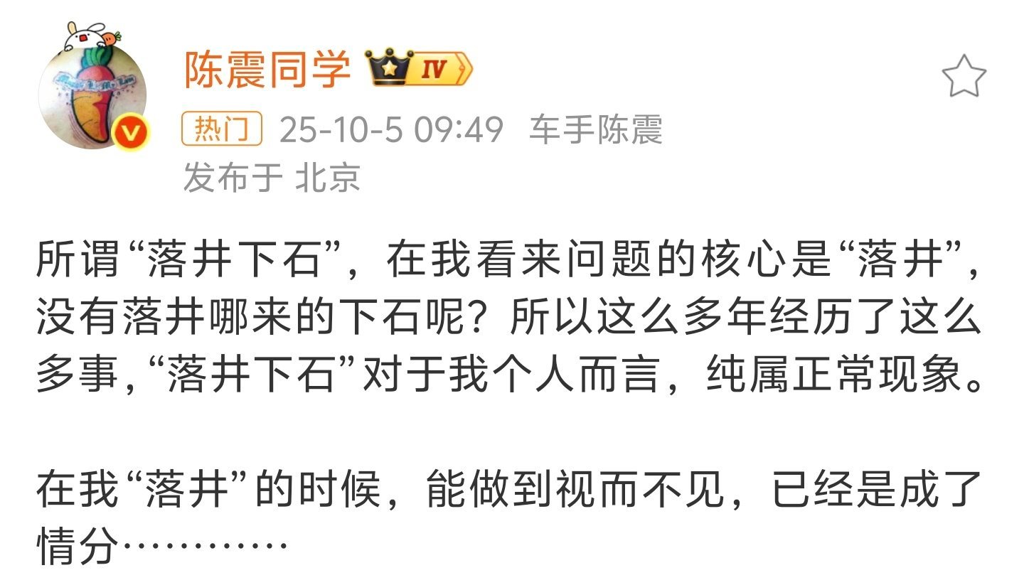 陈震谈落井下石你要是规规矩矩开车，即使出了车祸全责，网友也不会像现在说这么多。可