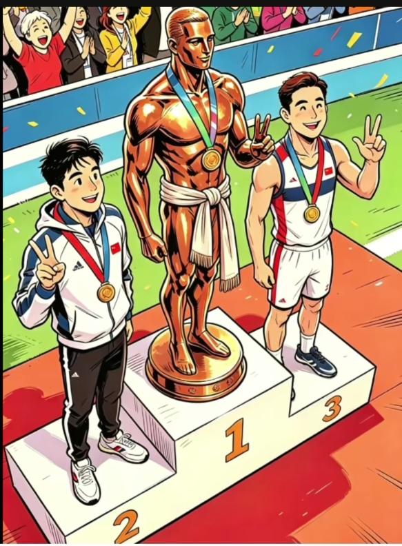 〔看图猜成语〕图中画面太精彩；领奖台上冠军得；得了冠军就是牛；你能想到啥