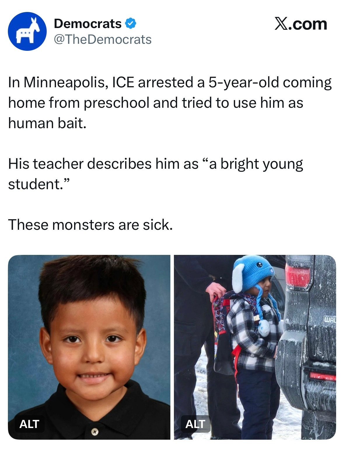 美国民主党官方账号公然撒谎，污蔑ICE在明尼阿波利斯“逮捕”了一名五岁小男孩。而