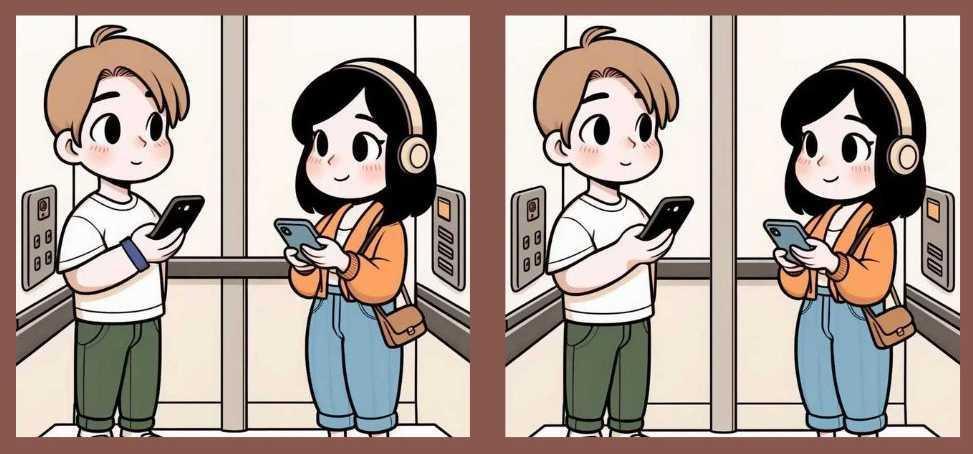 找出电梯图片中男孩和女孩的3个不同之处！