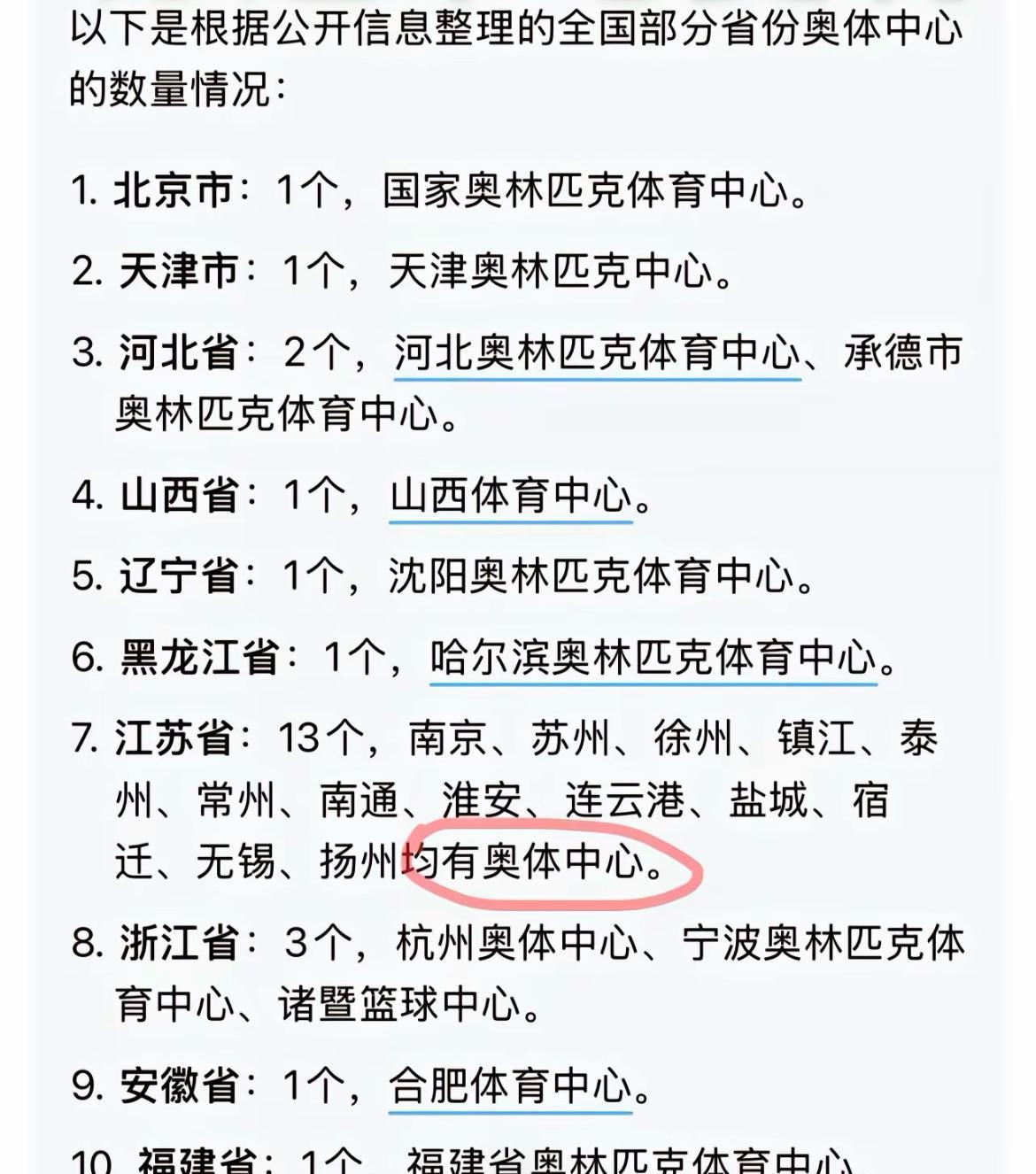 查了下全国各省份，每个省大概有多少奥体中心，别的省大概就一两个，江苏省13个！