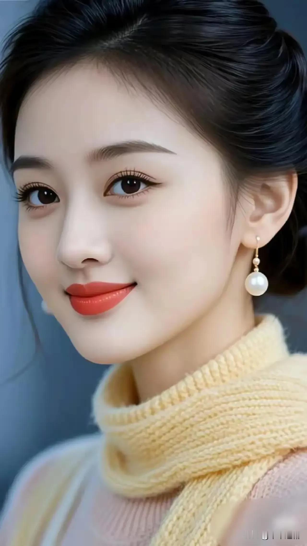 暖黄的针织裹着温柔，珍珠耳坠轻晃，连眉眼间的笑意都带着冬日的暖意。🧣气质女人