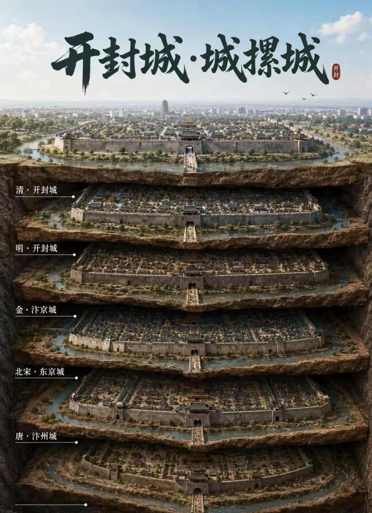开封城，说⁠白了就是一层压⁠一层﻿，地下还摞着⁠好几⁠‎座老城。​​​
