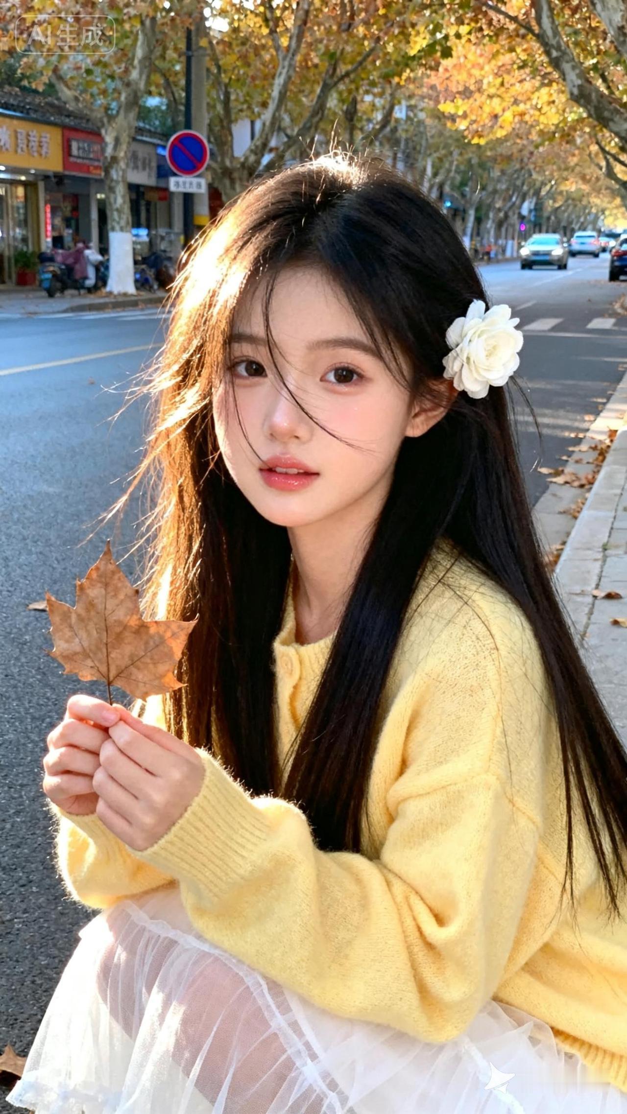 一位年轻长发女性，她冷白皮，妆容自然，头发用白色花朵发饰装饰，穿着黄色宽松毛衣和