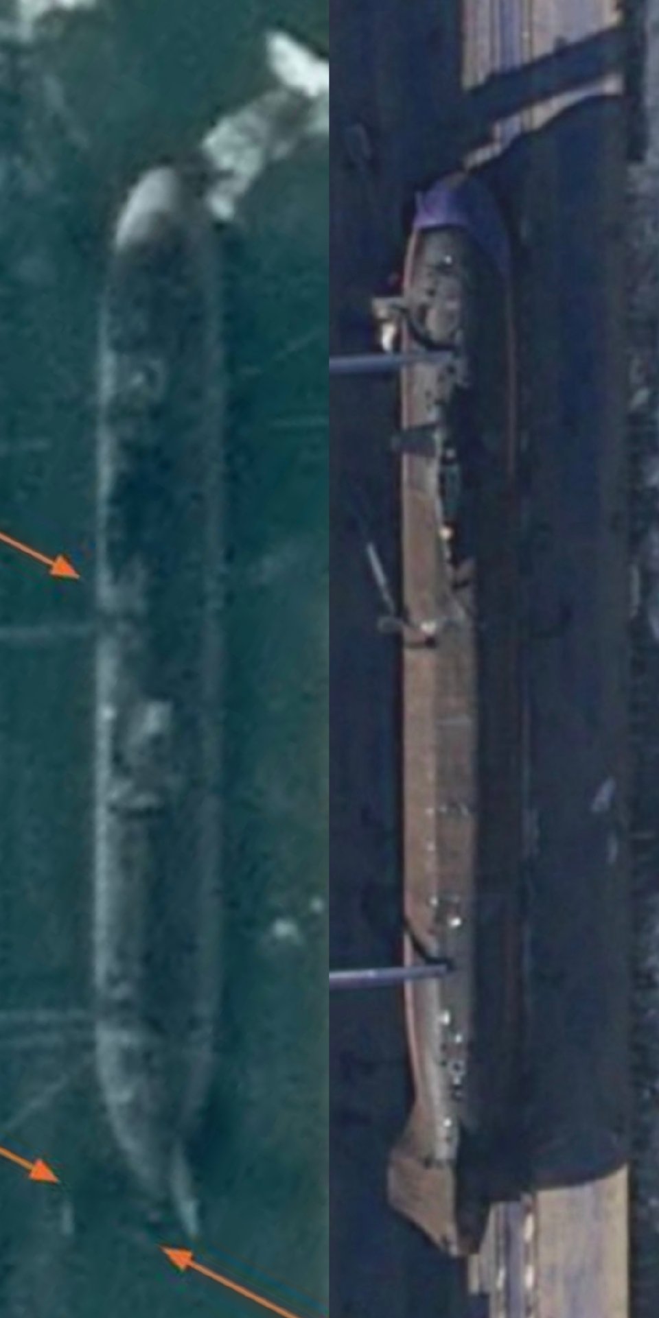 《简氏》095型攻击核潜艇高清卫星照，X尾舵和泵推非常明显，图2是095与093