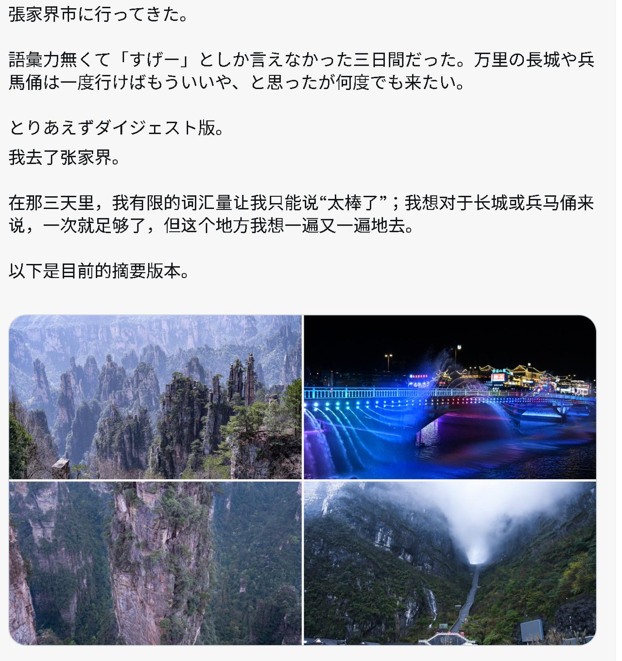 日本旅友：我去了张家界，在那三天里，我有限的词汇量让我只能说“太棒了”；我想对于
