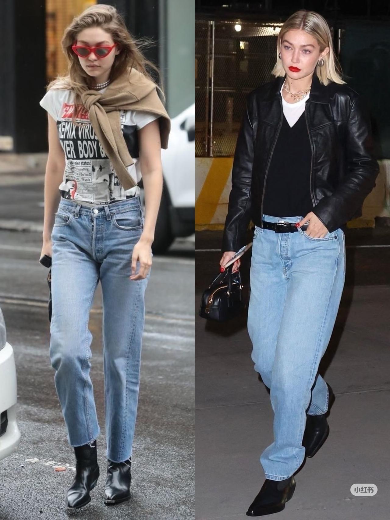 直筒牛仔裤×超模街拍感Look1黑印花无袖T+白阔腿裤+腰带无袖T凸显肩颈