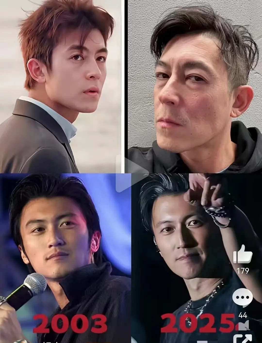 年轻时同为顶级帅哥，年龄大了差距好大。除了保养问题，谢霆锋大骨量脸更撑得住肉吧