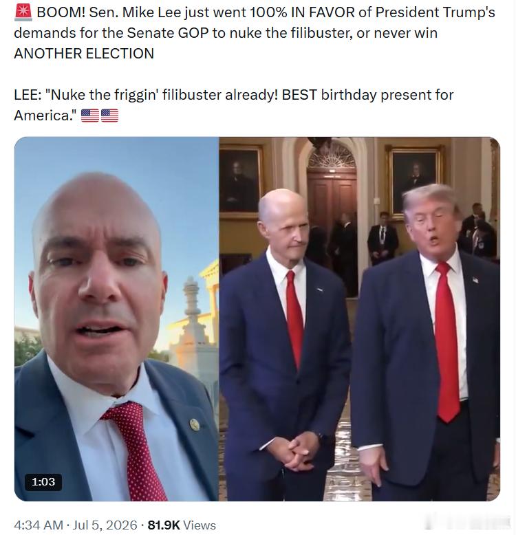 美国参议员迈克·李再次呼吁枝持特朗普总统要求参议院共和党废除“冗长辩论”制度，并