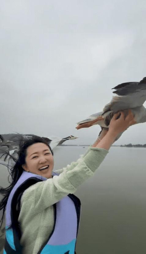 “没想到上人民日报了！”武汉，一女子驾船出海欣赏美景，突然飞来一群大雁和船并肩同