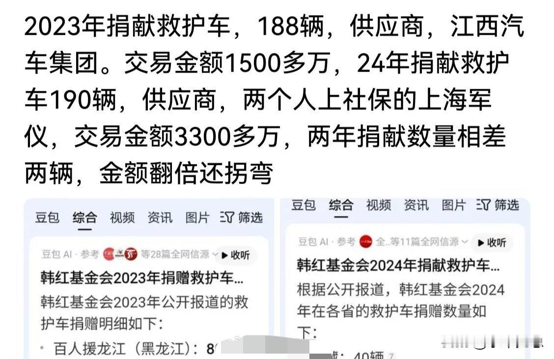 网友再这样扒下去，韩红基金会不死也要半残，光救护车这一项，差价就越吃越狠，问就