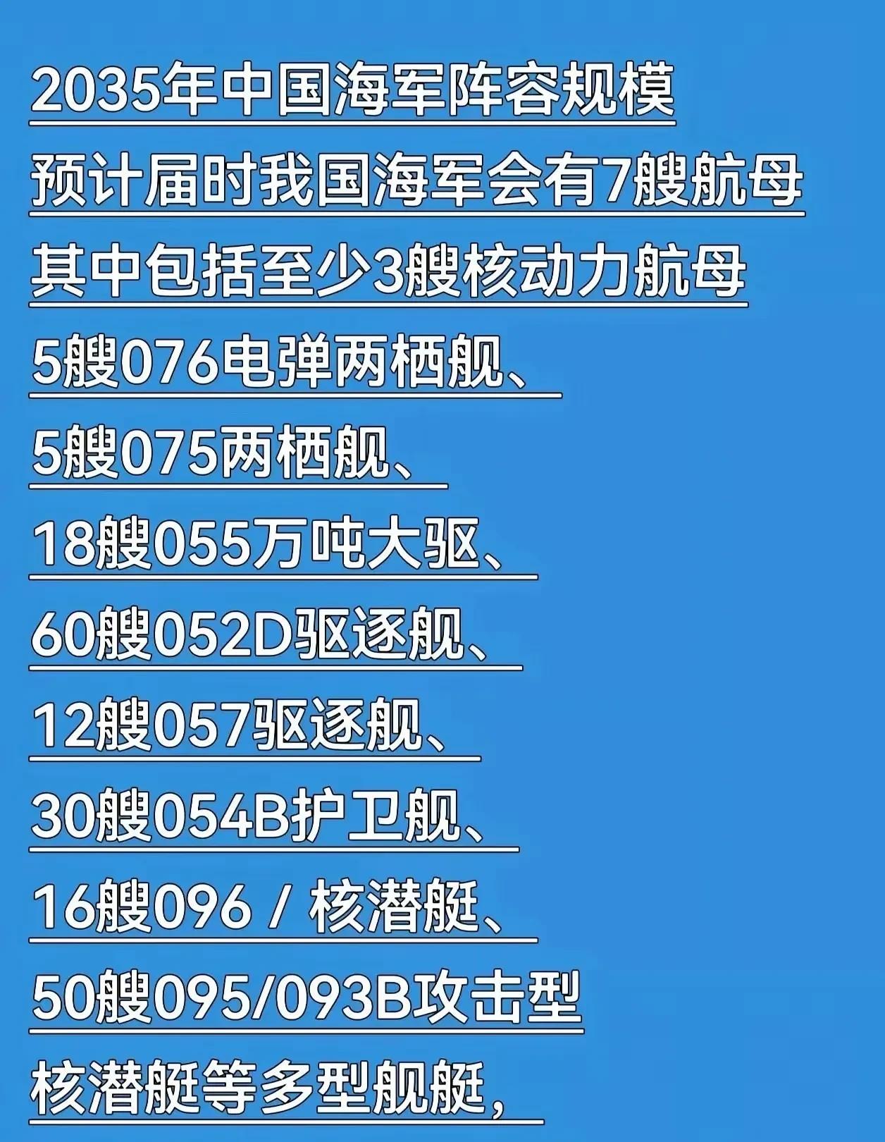 这是网友畅想的2035年中国海军实力全家福，到2035年中国海军实力如下：7艘