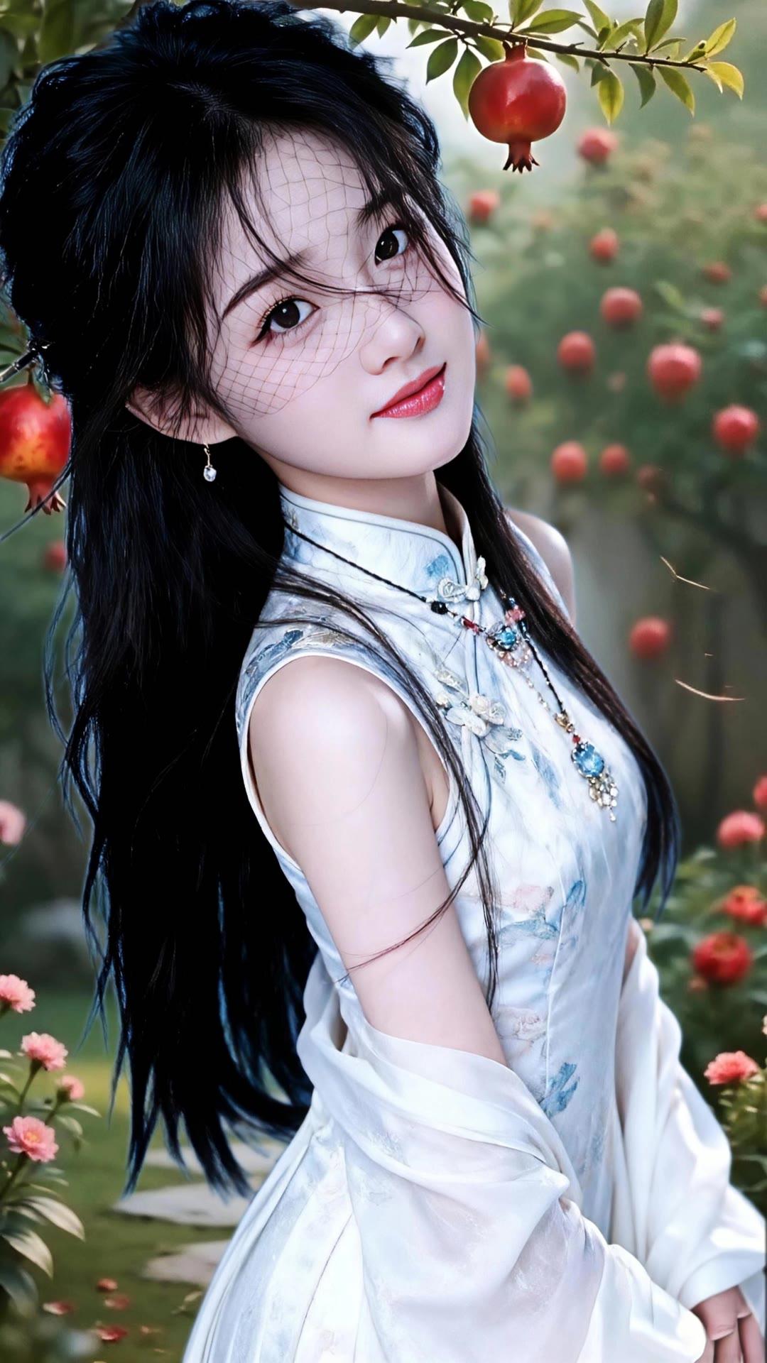 古典美人与红果相映成趣，宛如画中仙子。