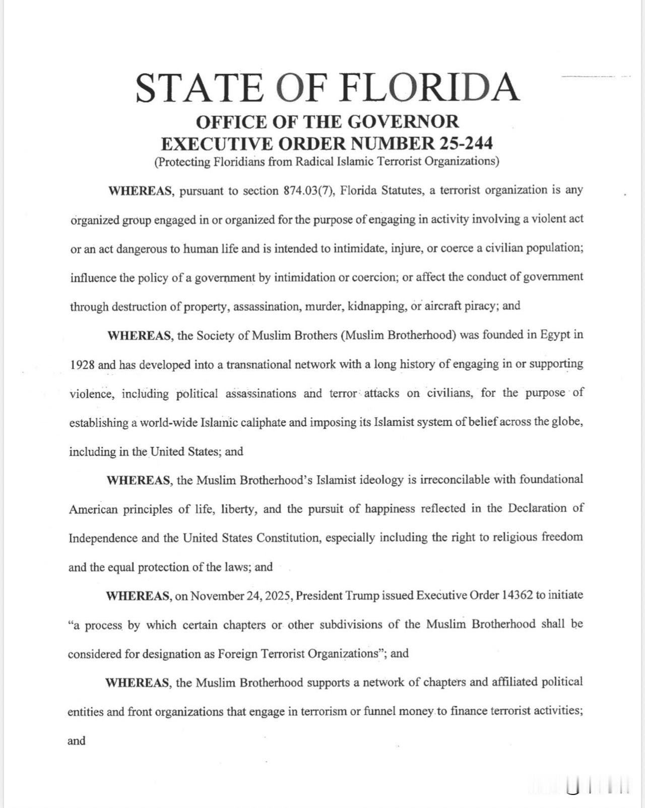 美国佛罗里达州将穆斯林兄弟会和美国伊斯兰关系委员会（CAIR）认定为外国恐怖组织