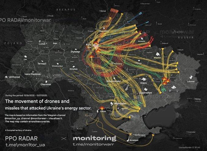 从无人机和导弹的飞行轨迹示意图来看，大多数目标飞往基辅。40枚导弹，乌军拦截