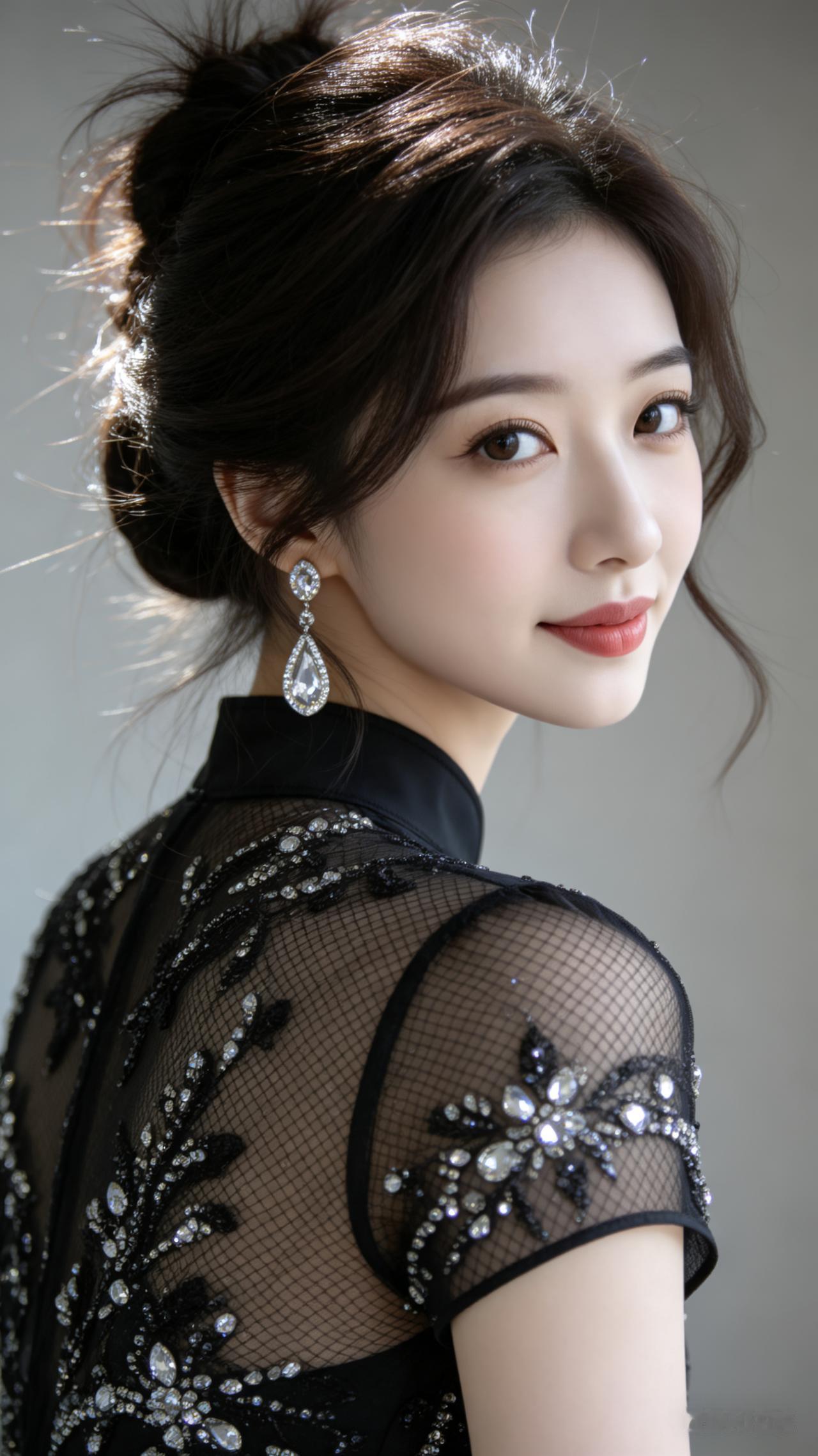 女子黑长发精致蓬松盘起，泛细碎光泽，戴闪耀水滴钻饰耳坠。身着镶钻亮片网纱黑立领短