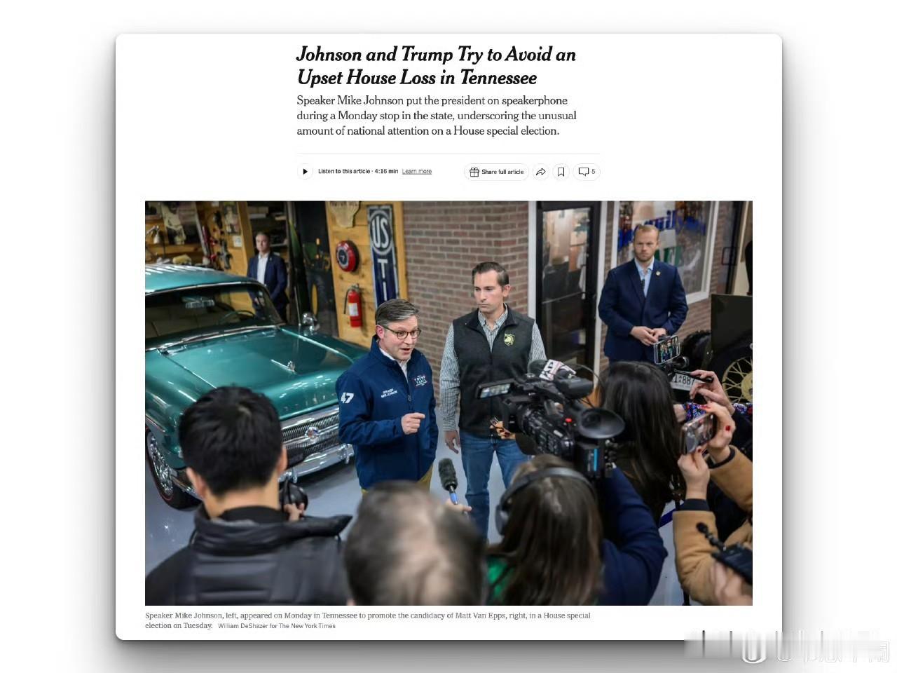 特朗普和约翰逊对一个深红选区的特别选举给予了高度关注。周二，在田纳西州第七国会