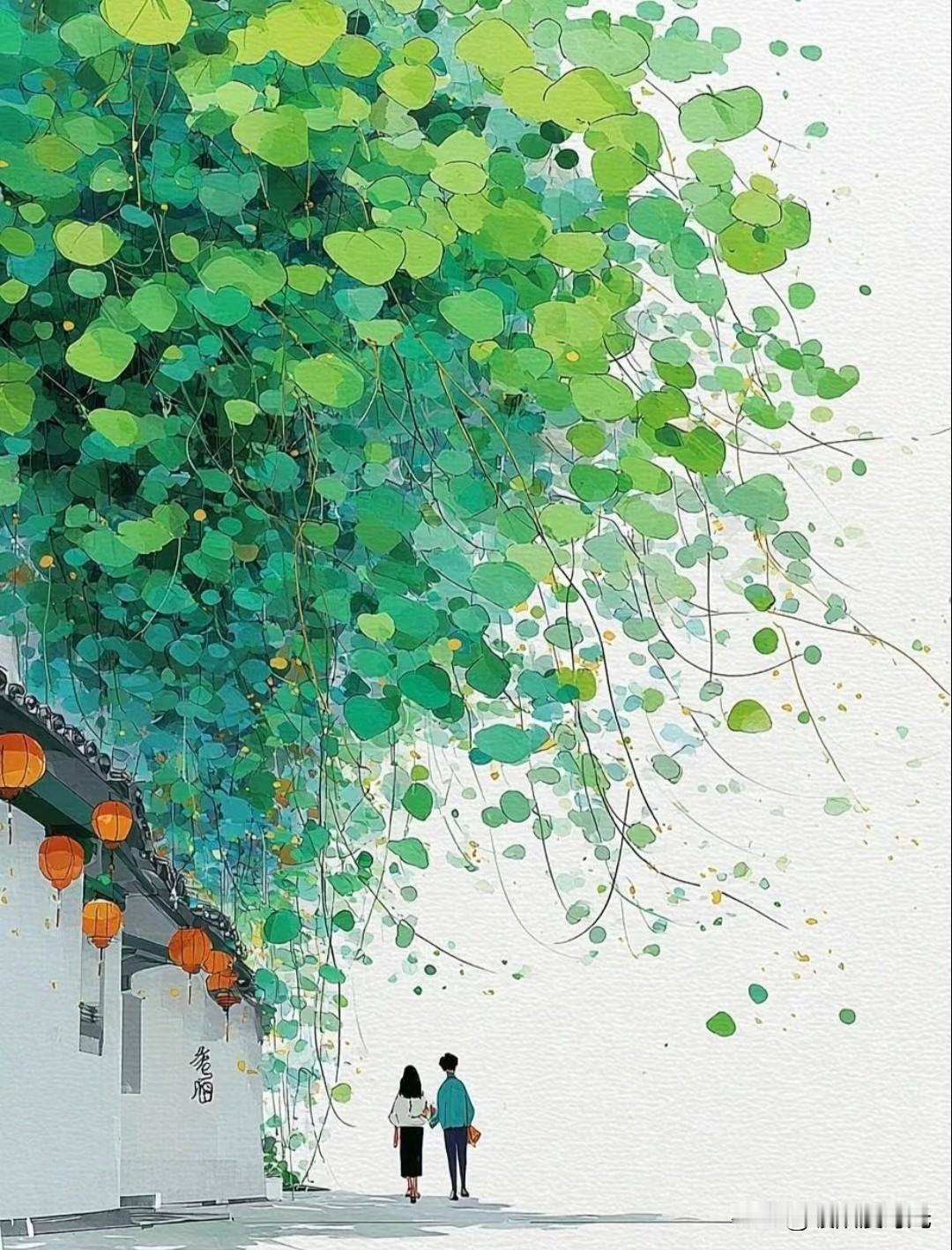 绿荫下悠然，微风轻拂醉人心。小小微湖治愈系插画分享温柔治愈插画治愈系插画