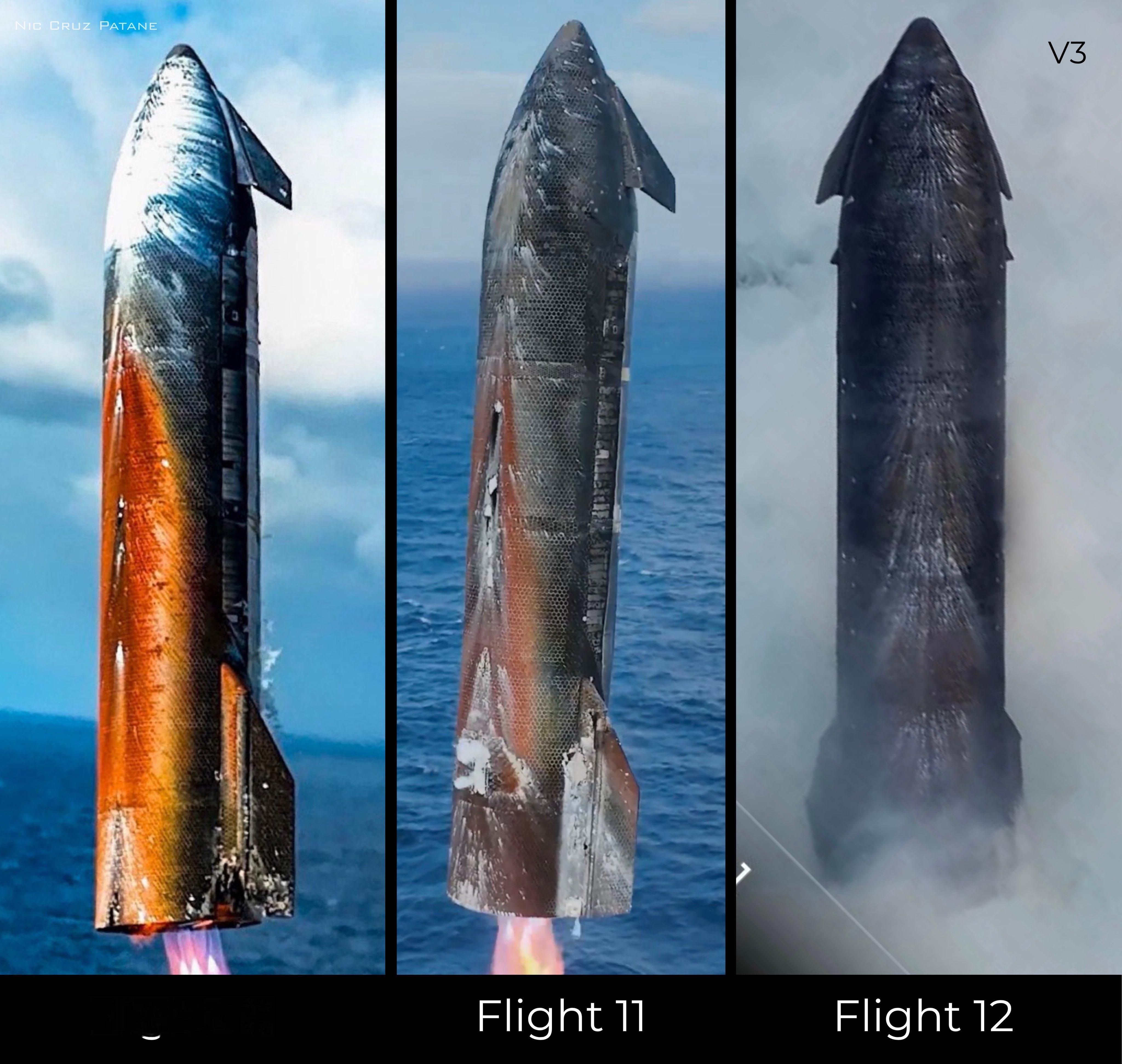 第10、11、12次飞行星舰隔热罩对比