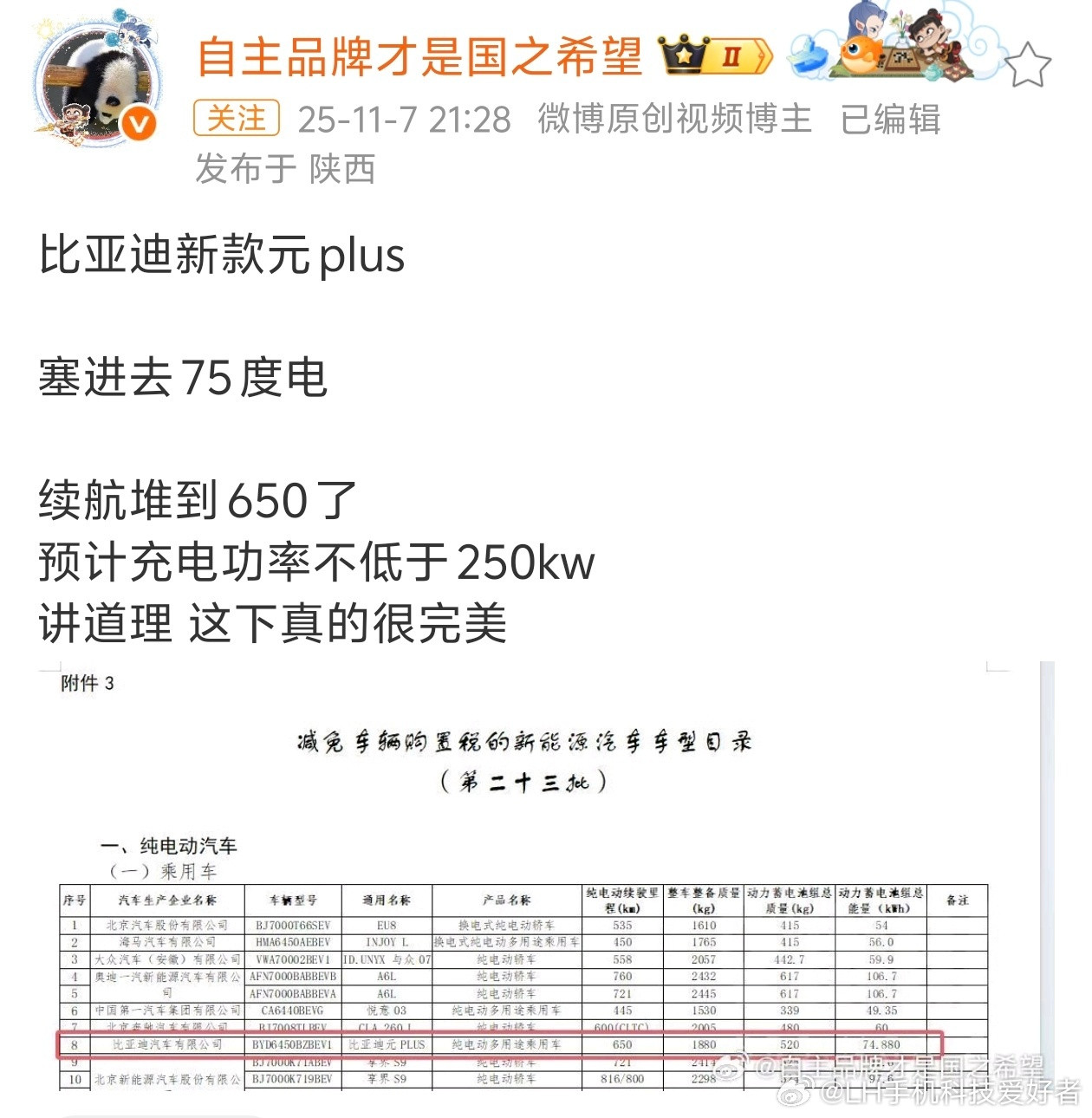 新款比亚迪元Plus，电池容量增加至75度，续航里程提升至650km。之前的信息