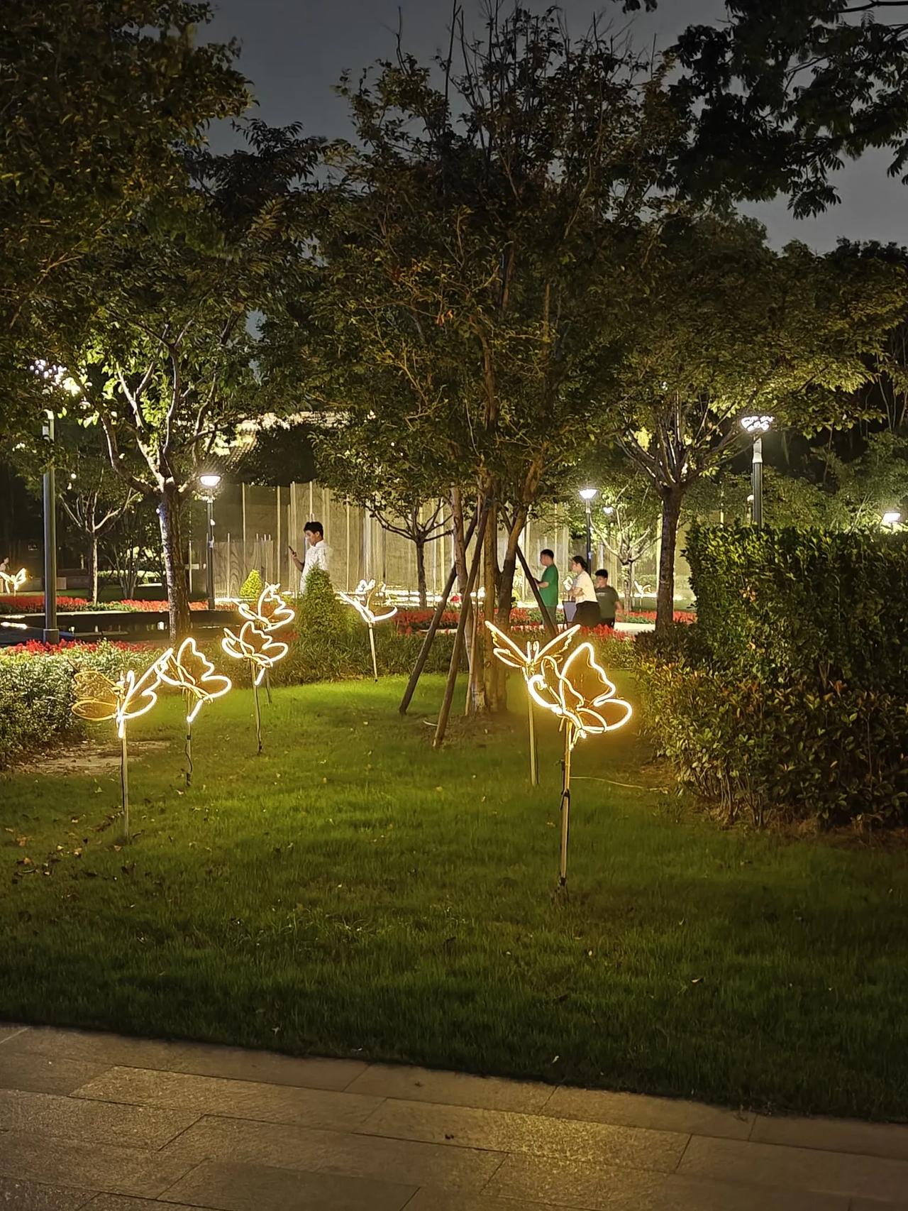 🌃夜晚的公园太会玩浪漫了！草丛里“飞”着发光的蝴蝶，金属艺术装置在灯光下像未来