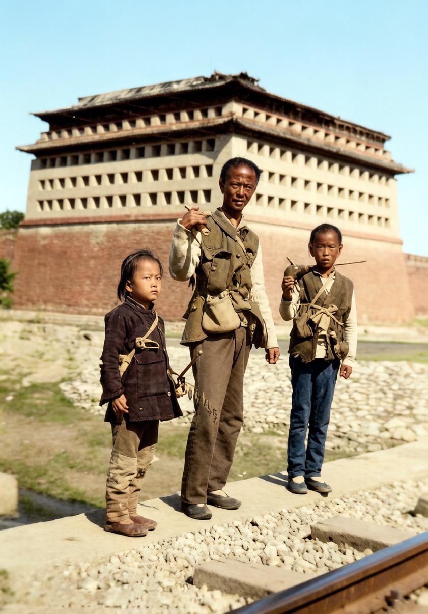 1910年的北京西南角楼外，一个中年男人正带着两个儿子在铁轨边游荡，他肩膀上斜扛