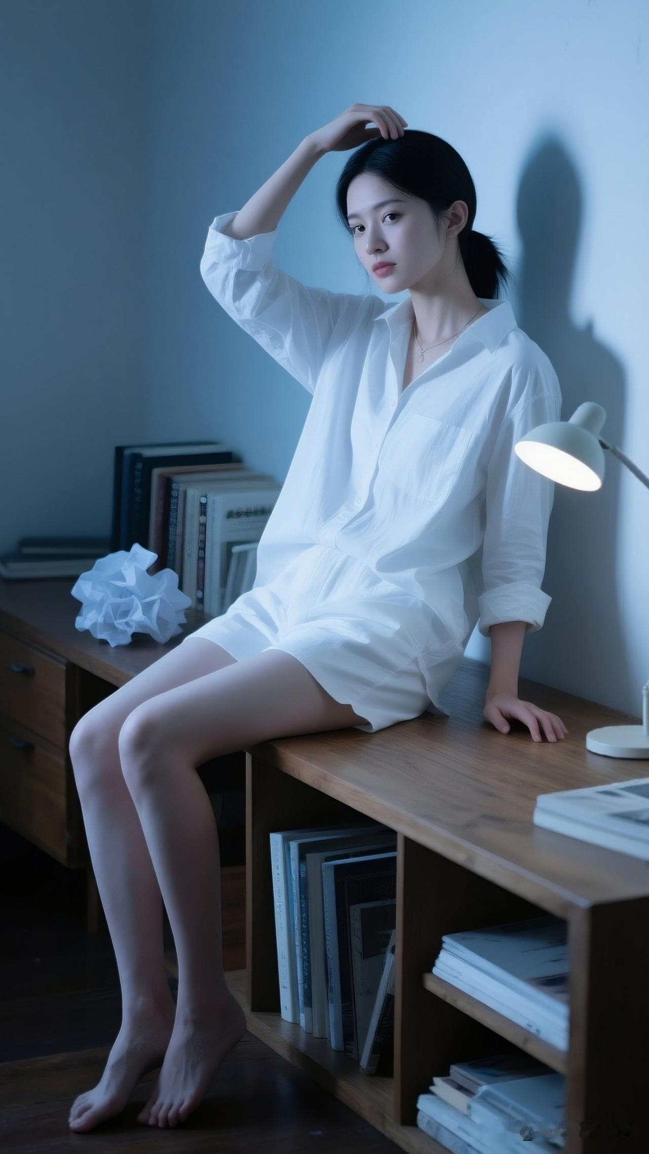 静坐书案上，思绪随风扬。美女的美丽瞬间分享极简生活静谧的夜晚，独自享受阅读的