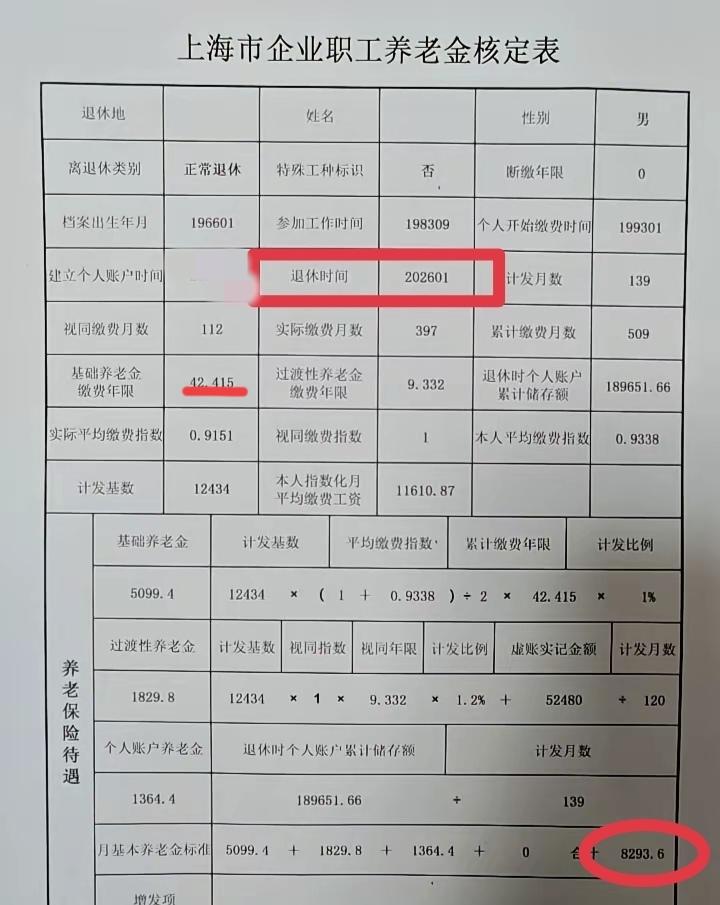 看这张上海养老金核定表，8293元的待遇，是“熬+缴”堆出来的：❶年限够