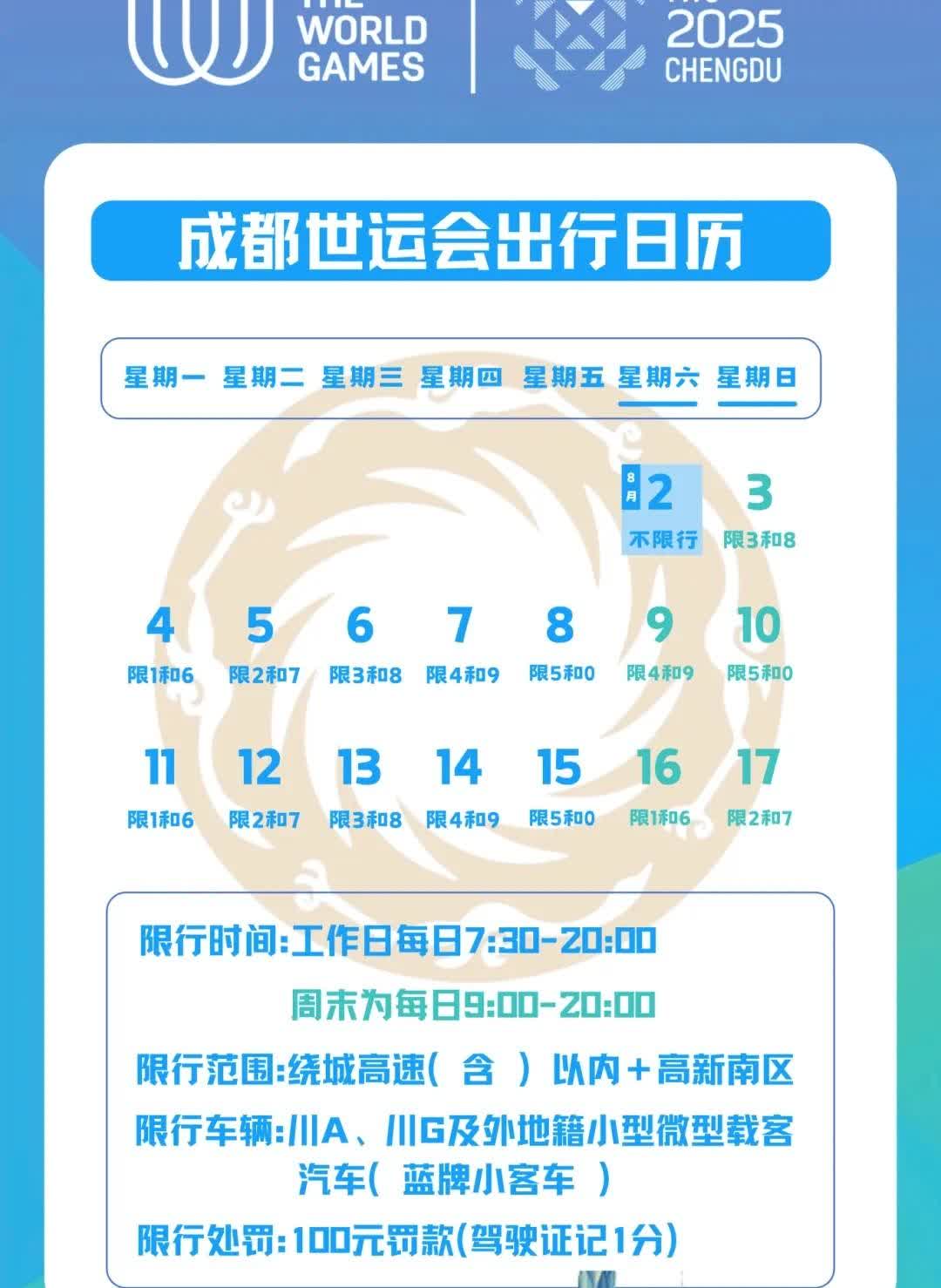 2025成都世运会期间限行规定来了！这个日历收藏好！特别是周六、周日限号号码有点