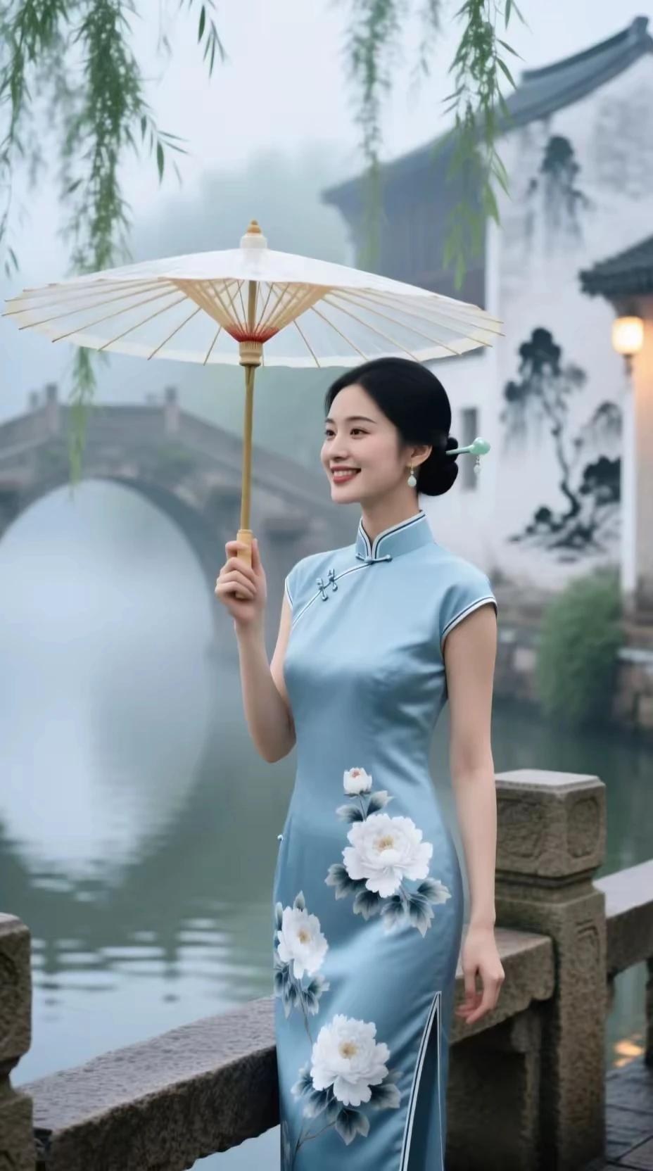 旗袍之美，美在修身。美在端庄，美在典雅。美在气质美在风情。江南水乡，撑伞少