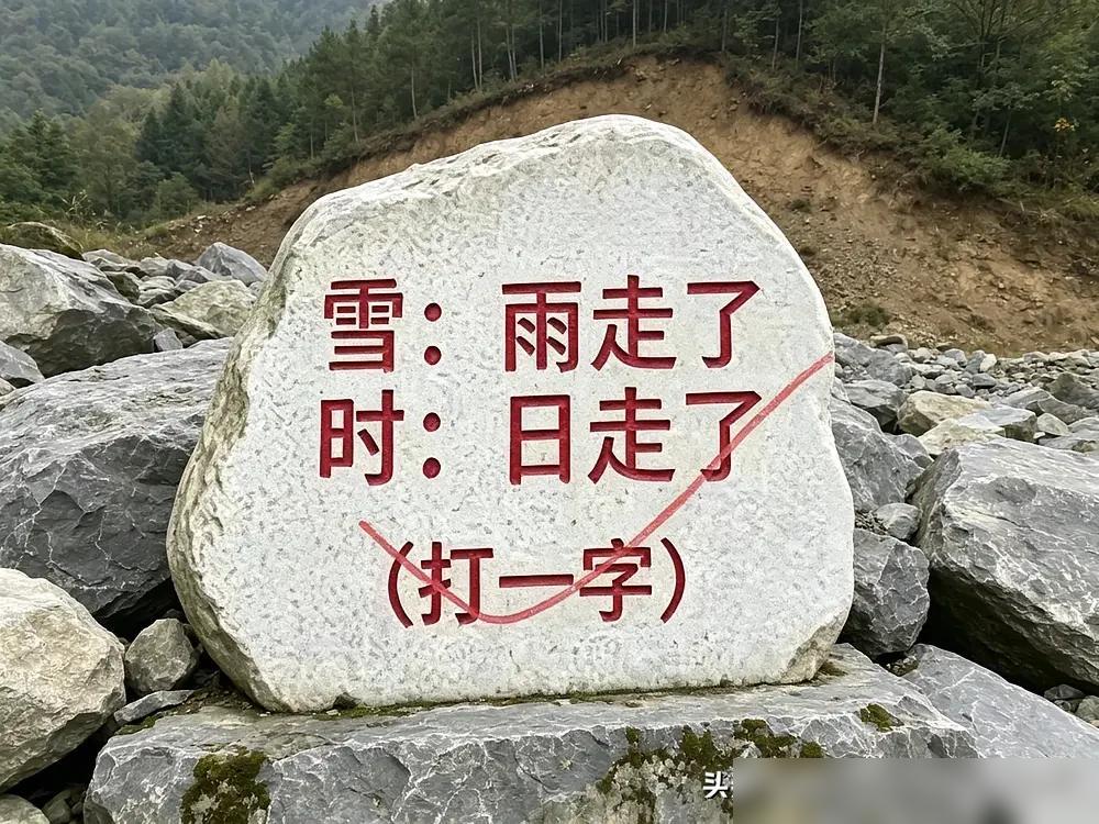 这道刻在石头上的字谜很巧妙，拆解两个字来找答案。雪字去掉雨，时字去掉日，剩下的部