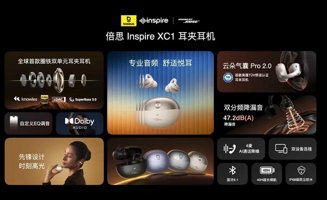 第一款产品为倍思InspireXC1耳夹耳机。圈铁双单元设计，搭载楼氏动铁