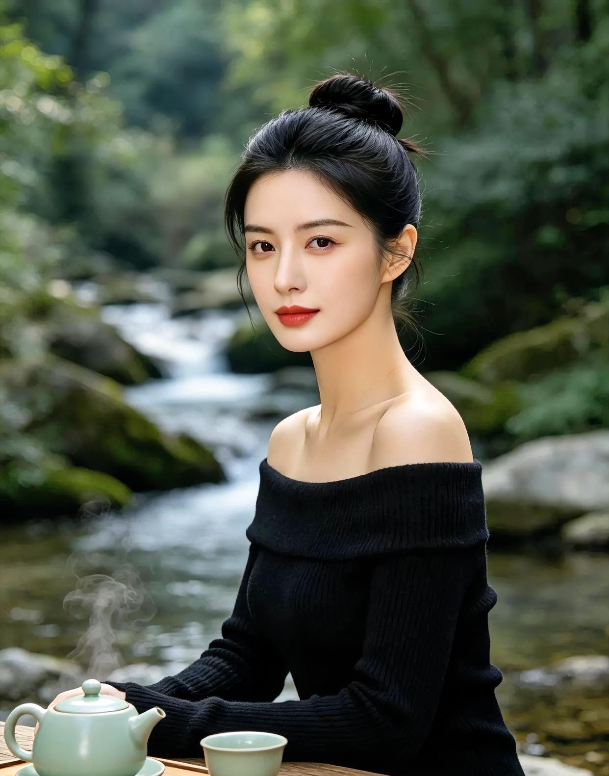 山涧茶烟绘清欢溪水潺潺，绿意漫过山石，你静坐于自然，发髻轻挽。黑色露