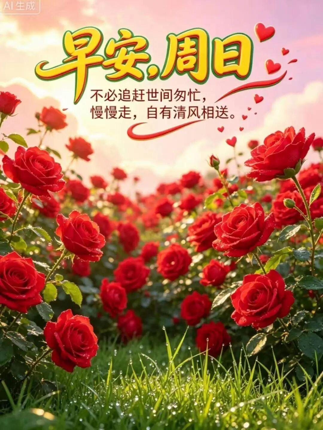 早安周日，玫瑰带着露珠笑迎晨曦，别赶路啦，慢慢走自有清风拥抱你，今日份温柔已送达